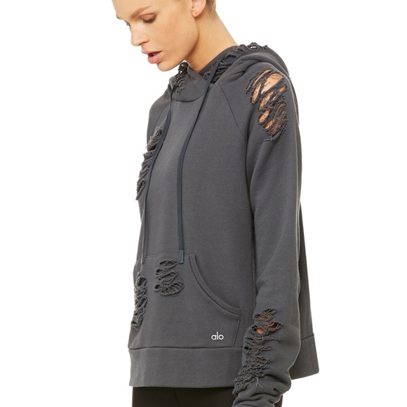 NWT Alo Yoga Ripped Hoodie in Anthracite - Picture 2 of 4